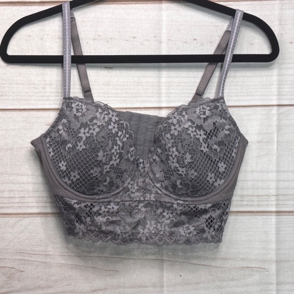 Adore Me Blue Gray Lace Longline Underwire Bra 36D Floral Bustier Style
